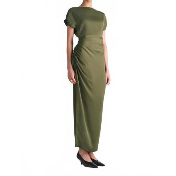 Lela Rose Heather Crepe Satin Ruched Dress Gown Forest Green - Picture 6 of 14
